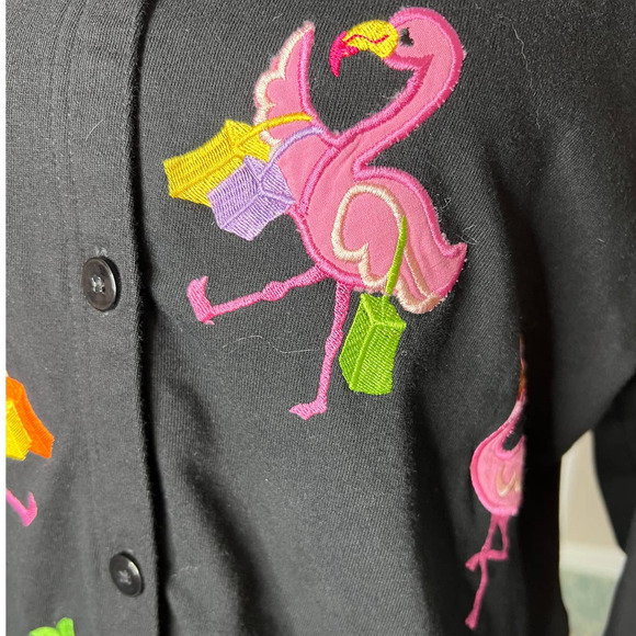 Black Cardigan Sweater with Embroidered Fun Flamingoes Size Medium - Picture 4 of 8